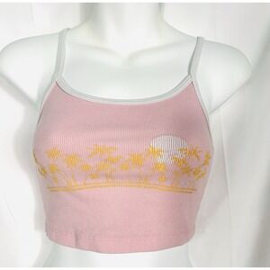 Vintage Roxy Y2K Womens Tank Top Baby Tee Ribbed Crop‎ Tropical Palm Tree Size S